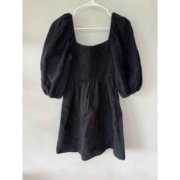 Tuckernuck Women’s Annie Smocked Balloon Sleeve Dress Small S Black 100% Linen - Picture 2 of 5